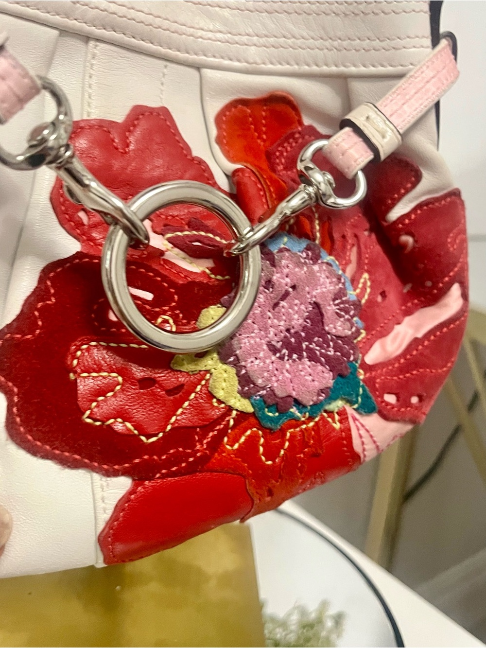 Coach White Shoulder Bag with Red and Pink Floral Appliqué - Picture 9 of 12